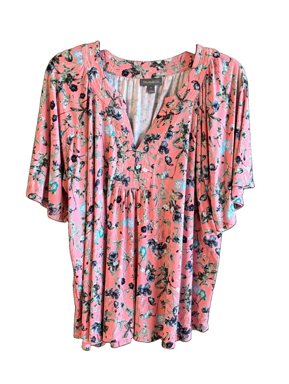 Style&Co 1X Pink Floral Top Flutter Sleeve V Neck Rayon/Spandex